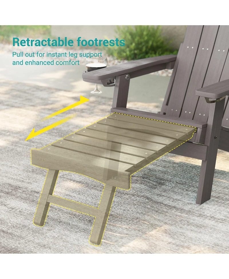 Sonkuki Folding Adirondack Chair with Retractable Ottoman, Weather Resistant Fire Pit Patio Cup Holder Lawn Outdoor Lounge