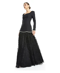Amri Women's Two-Tone Lace Gown - Long Sleeve Square Neck Drop-Waist Evening Dress