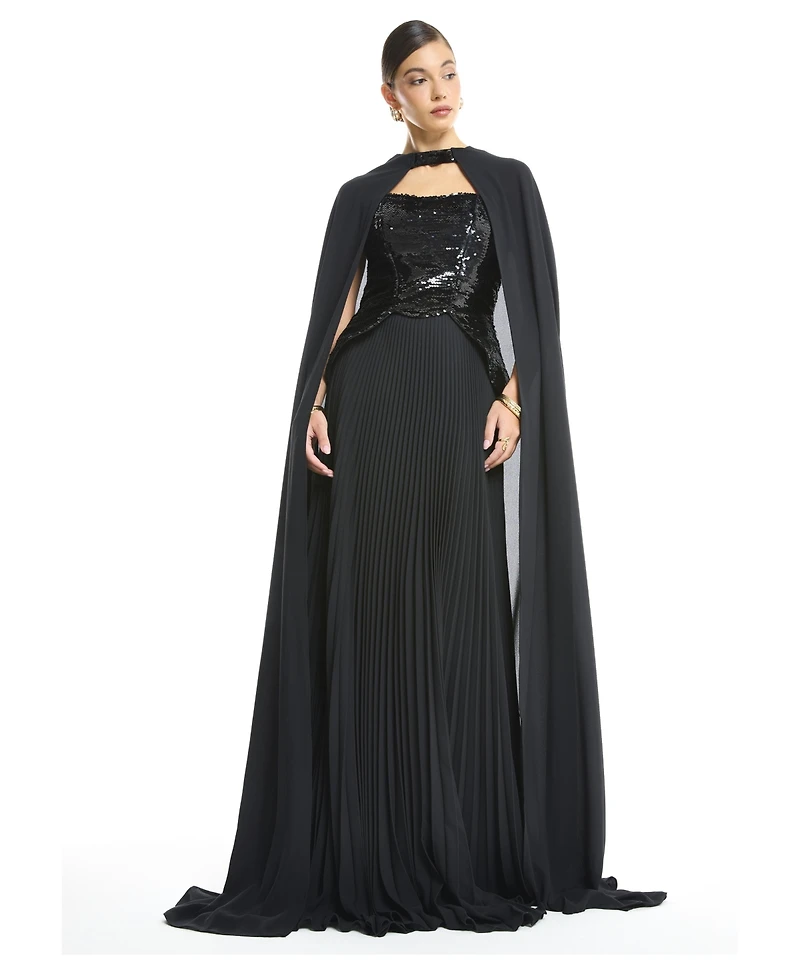 Amri Women's Sequin Bustier Pleated Evening Gown with Detachable Cape