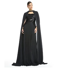 Amri Women's Sequin Bustier Pleated Evening Gown with Detachable Cape