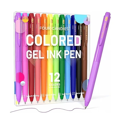 Four Candies 12 Colors 0.7mm Retractable Gel Pens, Quick Dry, Fine Point, for Office School Home