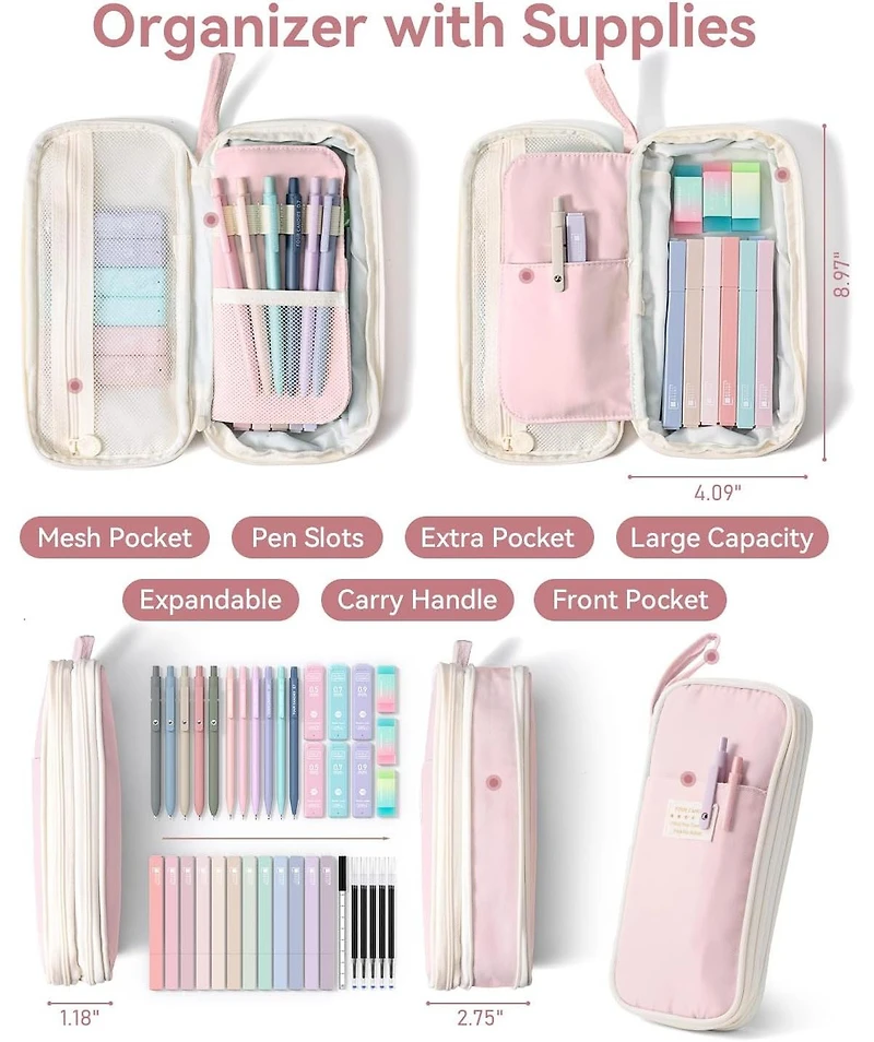 Four Candies 39Pieces Aesthetic Stationery Set w/Case, 12 Highlighters, 5 Gel Pens, 6 Pencils