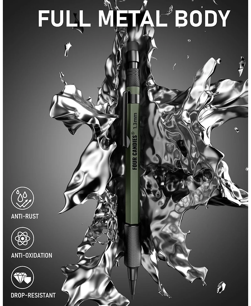 Four Candies 1.3mm Mechanical Pencil Set, Metal Heavy Duty Carpenter Pencil with 24 Lead Refills and Case