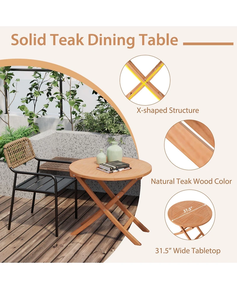 Mecale 31.5 in Round Folding Teak Coffee Table with 220-lb Capacity