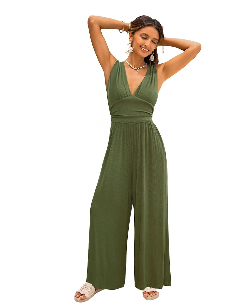 Cupshe Women's V-Neckline Pull-On Wide-Leg Pants