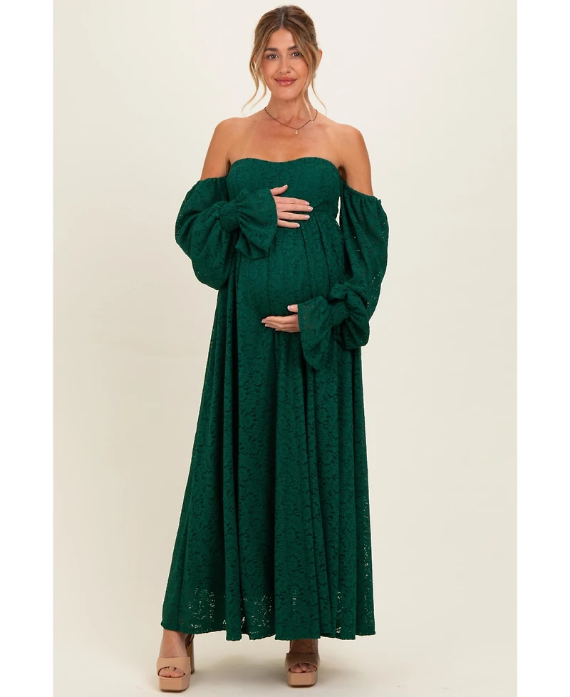 Pinkblush Women's Hunter Green Lace Floral Long Sleeve Photoshoot Gown/Dress