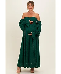 Pinkblush Women's Hunter Green Lace Floral Long Sleeve Photoshoot Gown/Dress