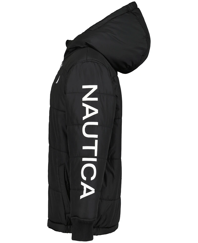 Nautica Boys' 4-20 Water-Resistant Quilted Puffer Jacket with Fleece Beanie, 2-Piece Set
