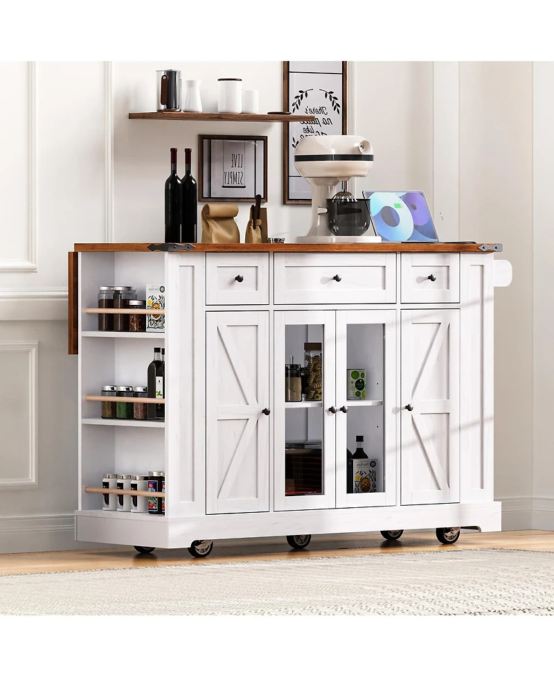 Streamdale Furniture 53" Farmhouse Kitchen Island with Glass Doors, Power Outlet and Drop Leaf