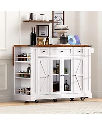 Streamdale Furniture 53" Farmhouse Kitchen Island with Glass Doors, Power Outlet and Drop Leaf