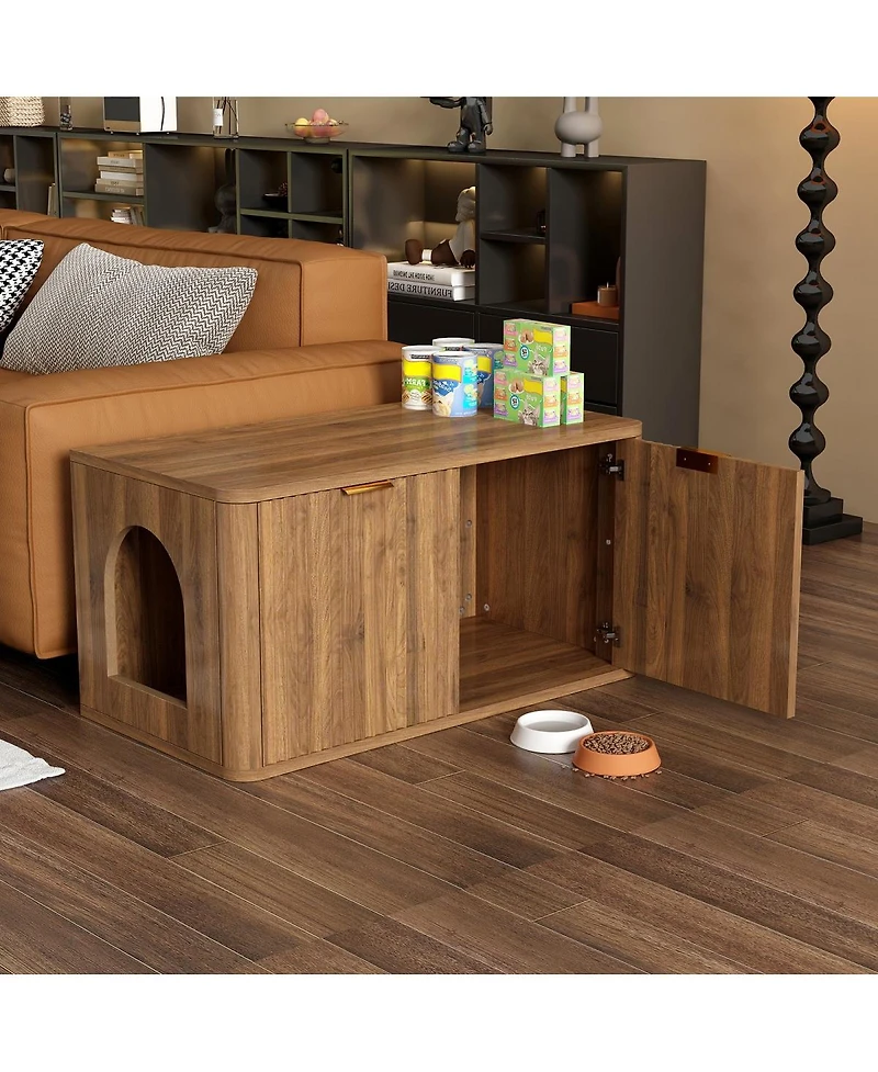6thdruple 31.5" Modern Walnut Cat Litter Box Enclosure, Hidden Litter Cabinet with Fluted Design