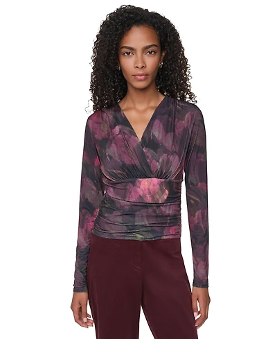 Dkny Women's Floral-Print Ruched Long-Sleeve V-Neck Blouse