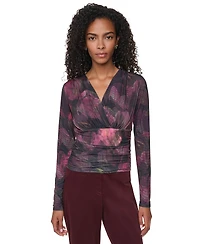 Dkny Women's Floral-Print Ruched Long-Sleeve V-Neck Blouse