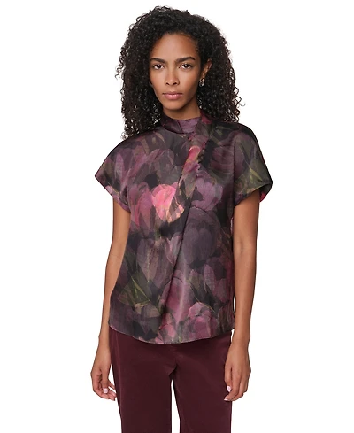 Dkny Women's Floral-Print Mock Neck Short-Sleeve Blouse