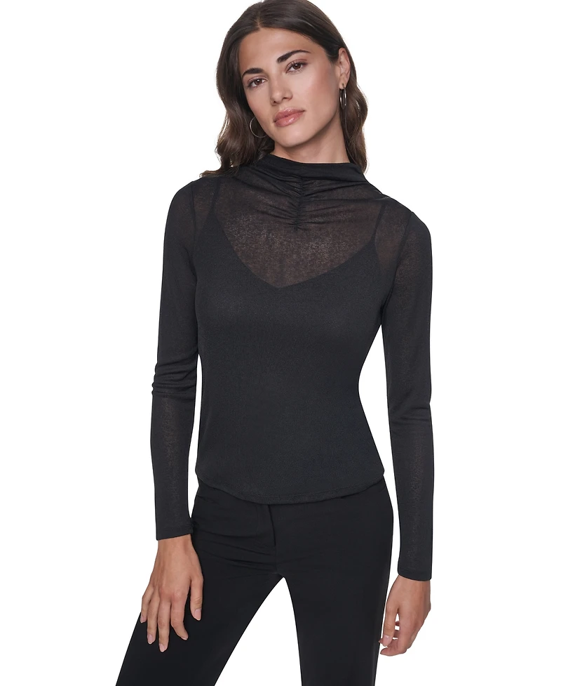 Dkny Women's Mock Neck Long Sleeve Sheer Blouse