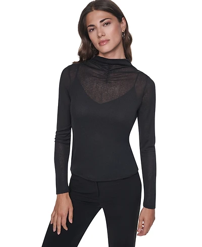 Dkny Women's Mock Neck Long Sleeve Sheer Blouse