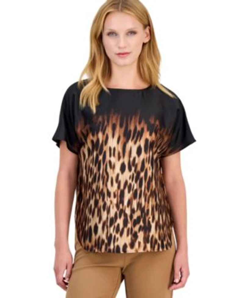 Anne Klein Womens Leopard Print Blouse