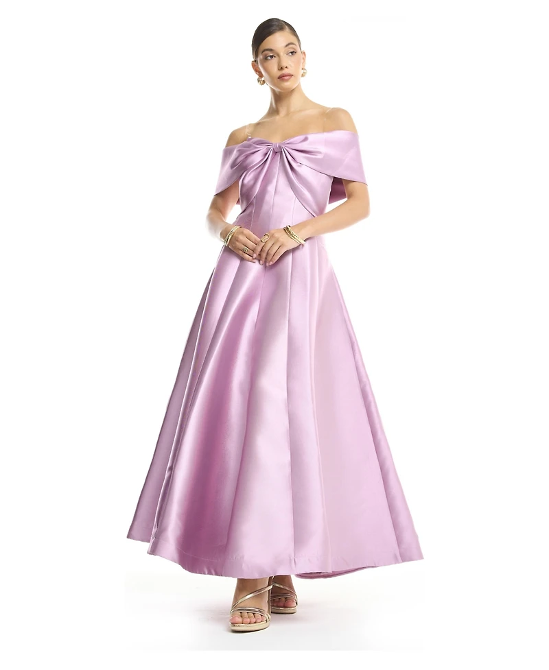 Amri Women's Off-Shoulder Bow Front Tea-Length Midi Dress Satin