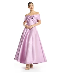 Amri Women's Off-Shoulder Bow Front Tea-Length Midi Dress Satin