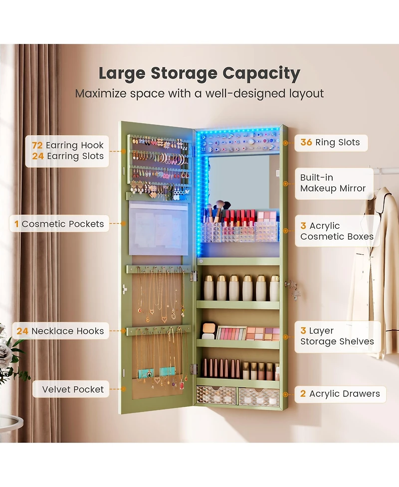 Vlsrka 42.5"H Jewelry Armoire with Led Lights, Wall and Door Mounted Mirror Cabinet