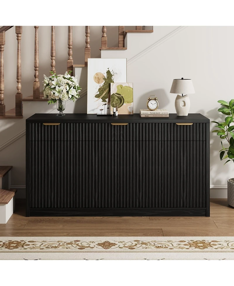 55 Inch Modern Fluted Buffet Sideboard Credenza, Storage Cabinet With Doors And Inner Shelves For Kitchen, Dining Room Coffee Bar Spaces