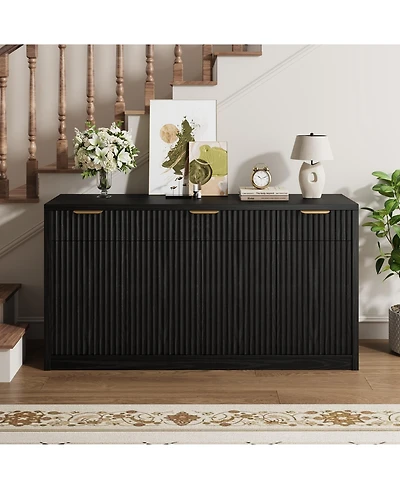 55 Inch Modern Fluted Buffet Sideboard Credenza, Storage Cabinet With Doors And Inner Shelves For Kitchen, Dining Room Coffee Bar Spaces