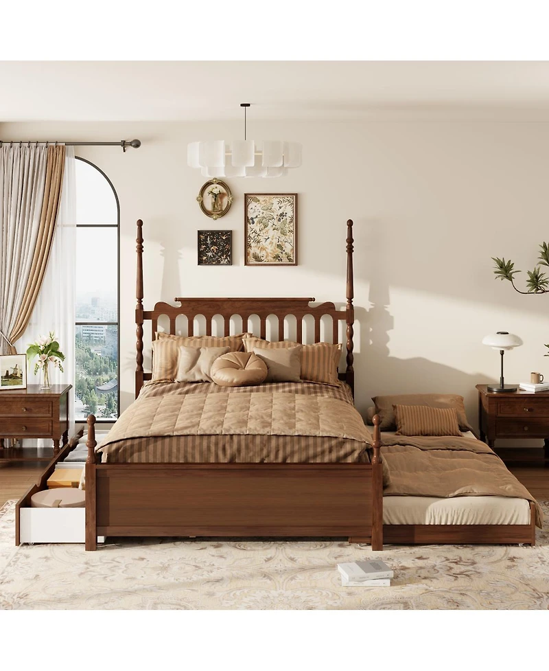 Streamdale Furniture Queen Platform Bed with Twin Xl Trundle, 2 Drawers, and Spindle Headboard