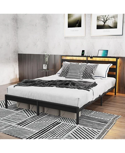 Streamdale Furniture Queen Metal Platform Bed with Led, Usb, and Headboard