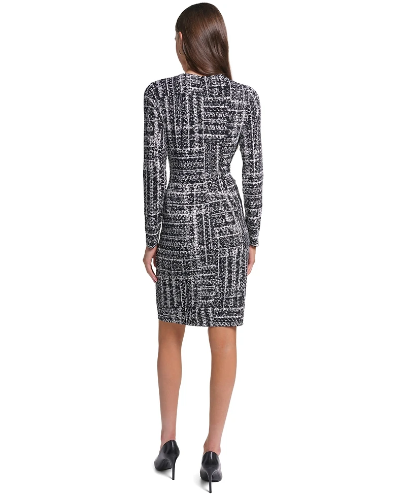 Calvin Klein Women's Long-Sleeve V-Neck Printed Sheath Dress