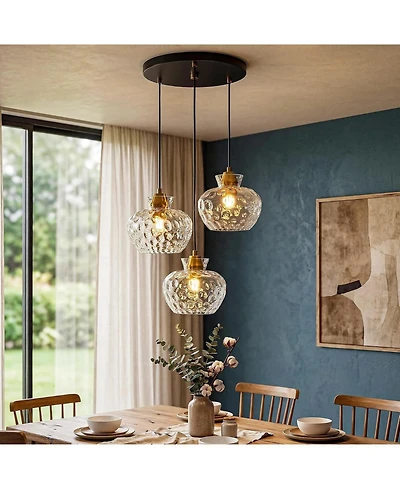 Tribesigns Antique Brass Pendant Light, 3-Light Water Ripple Glass Chandelier, Matte Ceiling Mount