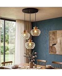 Tribesigns Antique Brass Pendant Light, 3-Light Water Ripple Glass Chandelier, Matte Ceiling Mount