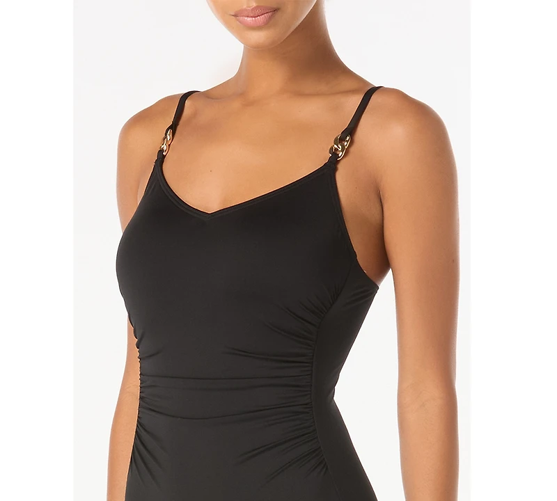 Michael Kors Women's V-Neck Ruched One-Piece Swimsuit