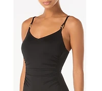 Michael Kors Women's V-Neck Ruched One-Piece Swimsuit