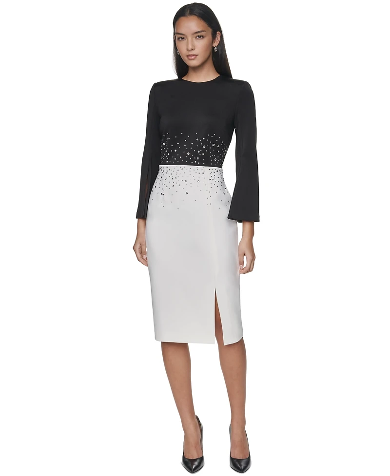 Calvin Klein Women's Colorblock Rhinestone Bell-Sleeve Midi Dress