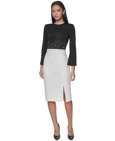 Calvin Klein Women's Colorblock Rhinestone Bell-Sleeve Midi Dress