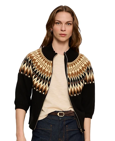 Sanctuary Petite Fair Isle Mock Neck Short-Sleeve Zip-Up Cardigan
