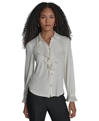 Bcbg Women's Button Down Ruffle Front Blouse