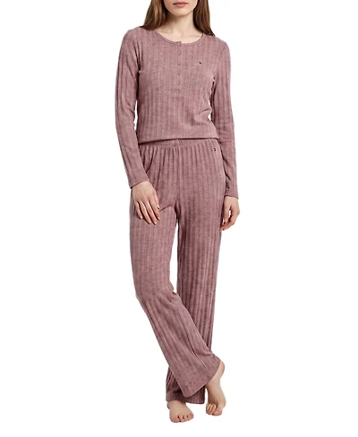 Tommy Hilfiger Women's Long-Sleeve Wide-Leg Cable-Jacquard Henley Top and Pant, 2-Piece Pajama Set