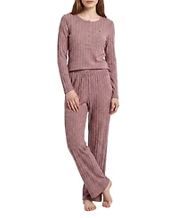 Tommy Hilfiger Women's Long-Sleeve Wide-Leg Cable-Jacquard Henley Top and Pant, 2-Piece Pajama Set
