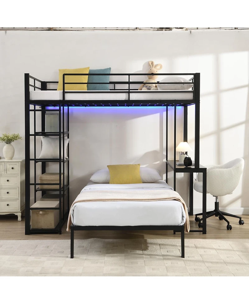 Streamdale Furniture Metal Loft Bed with Led, Desk and Shelves, Twin Size