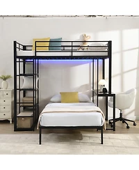 Streamdale Furniture Metal Loft Bed with Led, Desk and Shelves, Twin Size