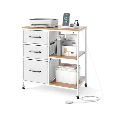 Sugift 3-Drawer Mobile File Cabinet with Charging Station and Open Printer Shelves