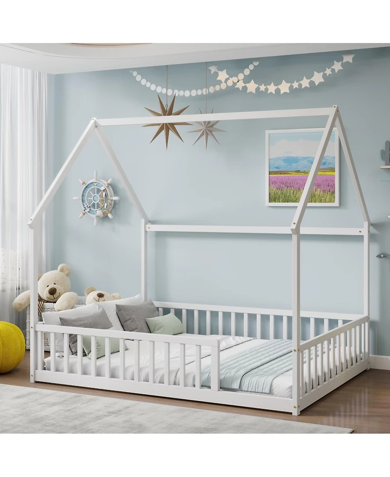 Streamdale Furniture Full Size House Floor Bed with Roof and Guardrails