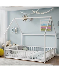 Streamdale Furniture Full Size House Floor Bed with Roof and Guardrails