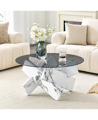Streamdale Furniture Artistic Cross X-Shaped Tempered Glass and Marble Coffee Table