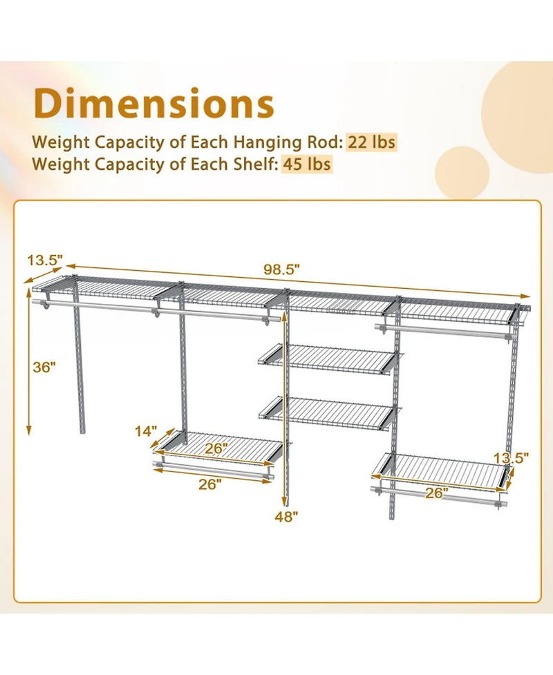 Sugift 4 to 8 Feet Closet Organizer System with Hanging Rods and 7 Storage Shelves Wall Mounted