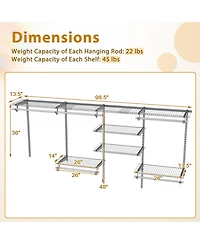 Sugift 4 to 8 Feet Closet Organizer System with Hanging Rods and 7 Storage Shelves Wall Mounted