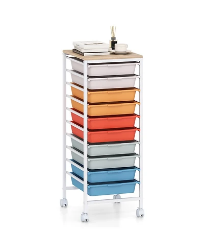 Mecale 10-Drawer Rolling Storage Cart with Wooden Tabletop