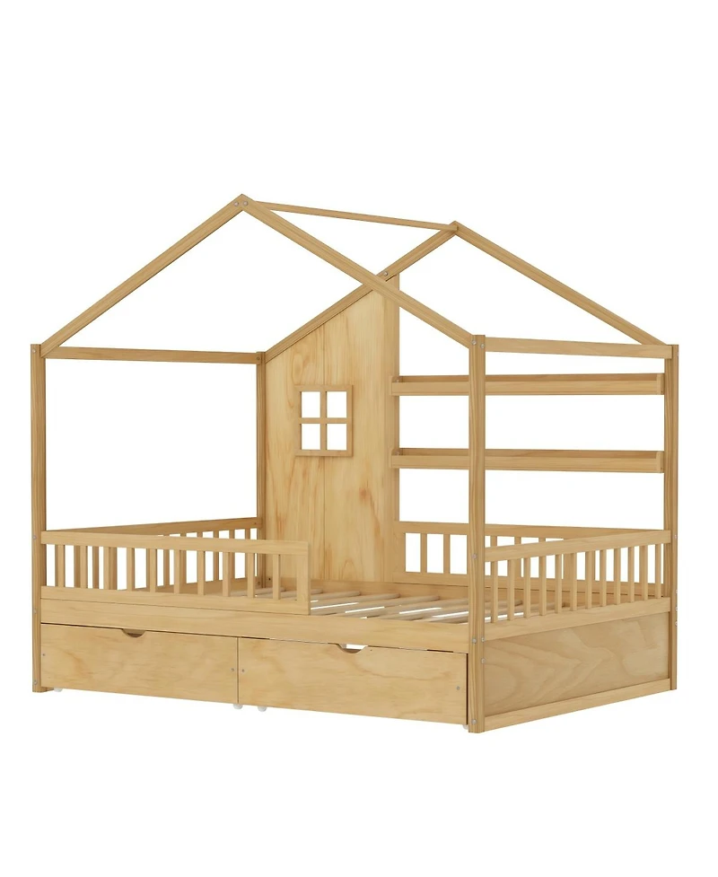 Streamdale Furniture Montessori Kids Full Floor Bed with Roof, Guardrails and 2 Drawers