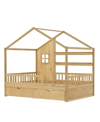 Streamdale Furniture Montessori Kids Full Floor Bed with Roof, Guardrails and 2 Drawers